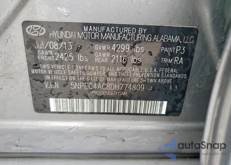 2013 Hyundai Sonata Se z USA, uszkodzony, nr VIN 5NPEC4AC8DH774809